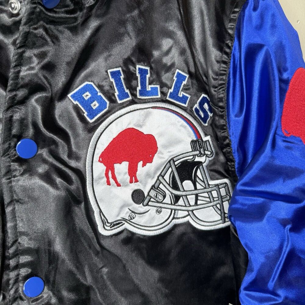 Buffalo Bills Satin Bomber Jacket Mens Small Blue Black Retro Varsity Snap Front - Picture 9 of 10